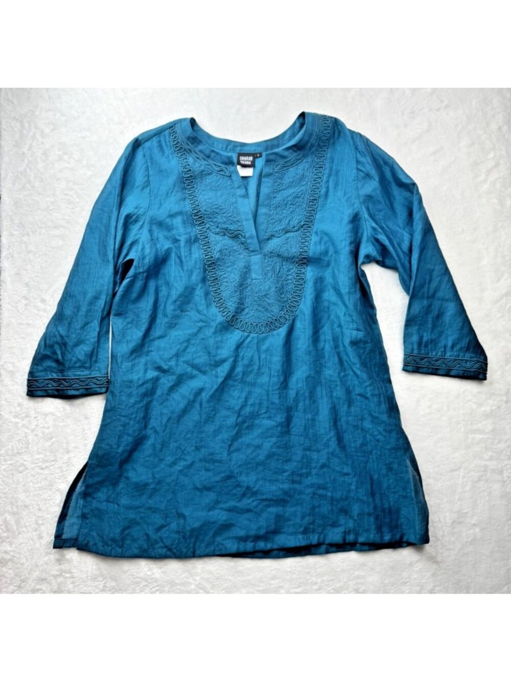 Sharon Young Size L Womens Boho Tunic Top Teal V Nech Embellished Vent Hems 3/4